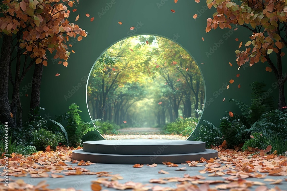 Poster autumn forest with falling leaves in 3d rendered minimalist style with empty circle podium.
