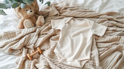Cute white cotton baby bodysuit with teddy bear and wooden toy on beige blanket for newborns