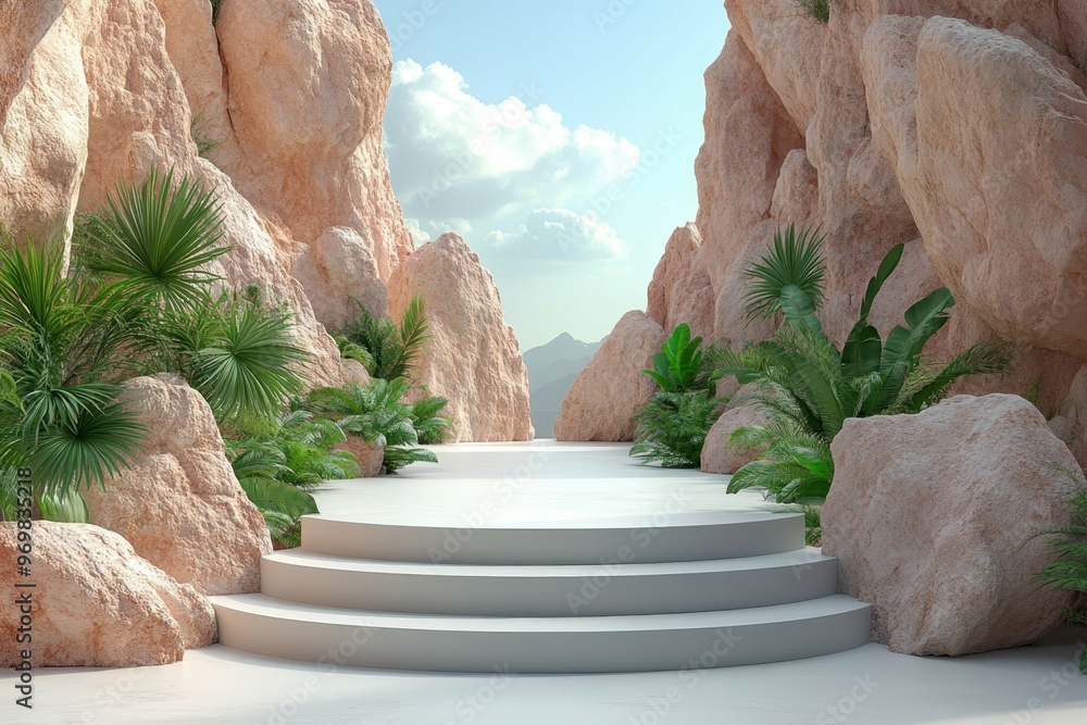 Aufkleber canyon with sharp rock formations in 3d rendered minimalist style with empty circle podium.