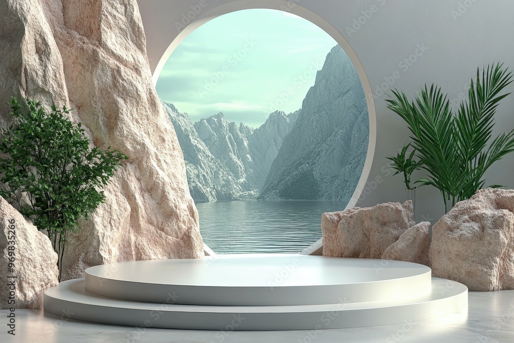 Aufkleber canyon with sharp rock formations in 3d rendered minimalist style with empty circle podium.