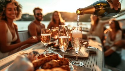 a group of friends on a ship drinks champagne