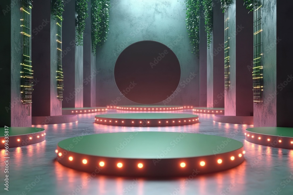 Aufkleber floating platforms with glowing circuits over a digital void in 3d rendered minimalist style with em