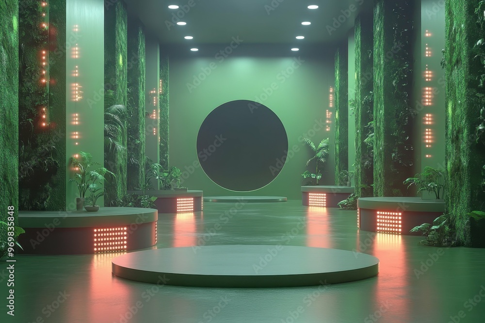 Poster floating platforms with glowing circuits over a digital void in 3d rendered minimalist style with em