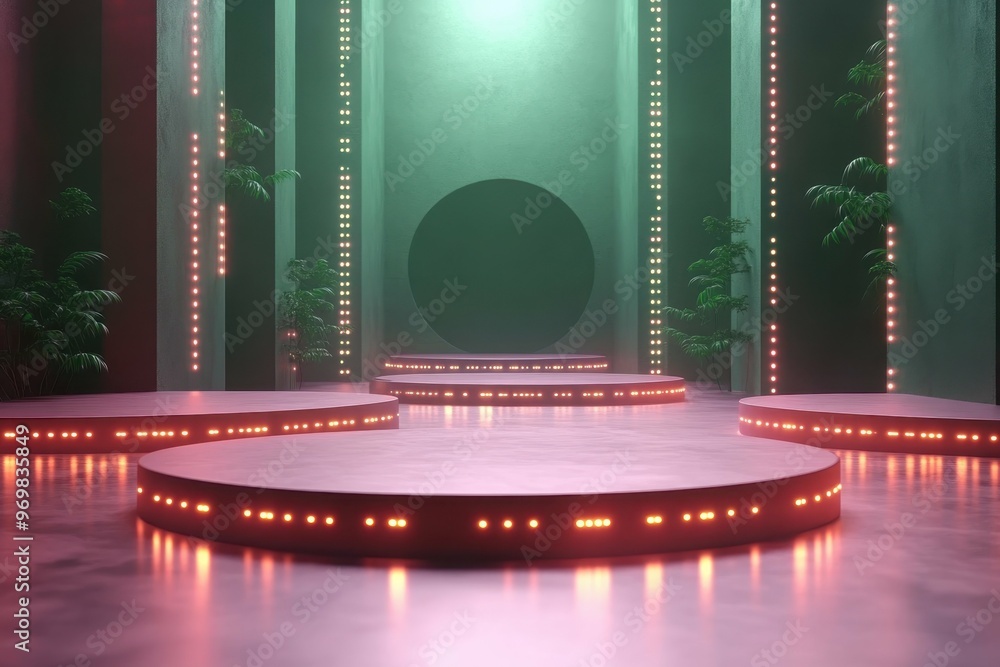 Aufkleber floating platforms with glowing circuits over a digital void in 3d rendered minimalist style with em