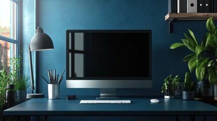 Modern Home Office Desk with Computer and Plants