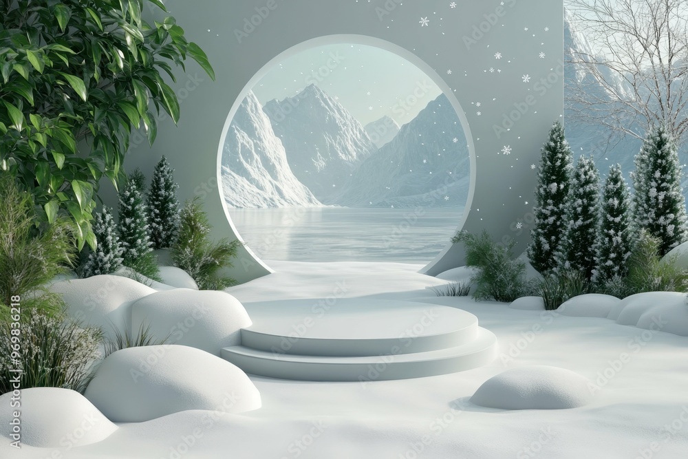 Poster frozen tundra with snowflakes falling in 3d rendered minimalist style with empty circle podium.