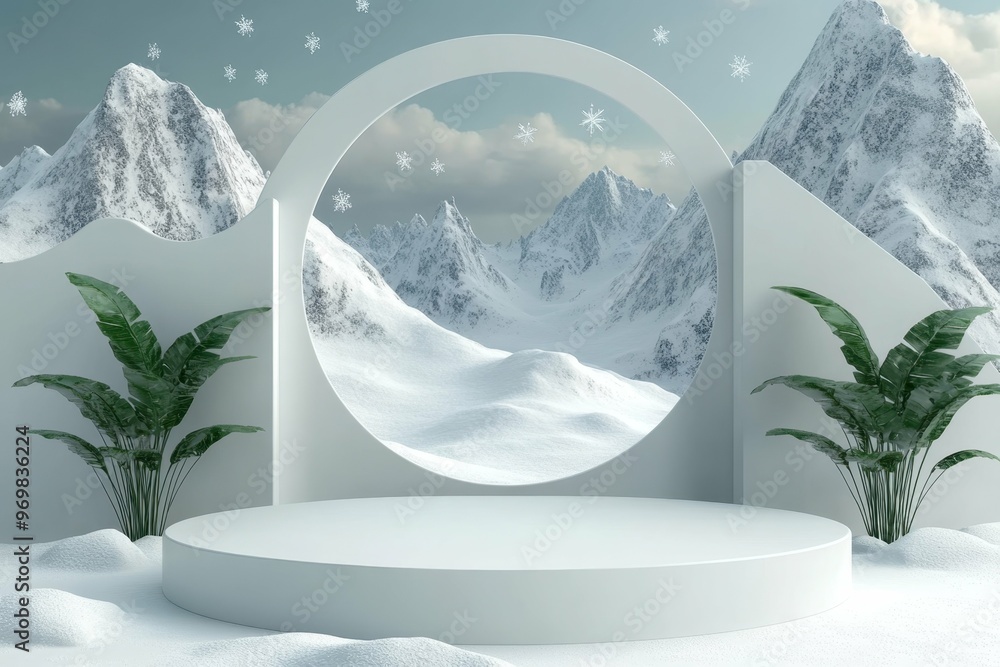Poster frozen tundra with snowflakes falling in 3d rendered minimalist style with empty circle podium.