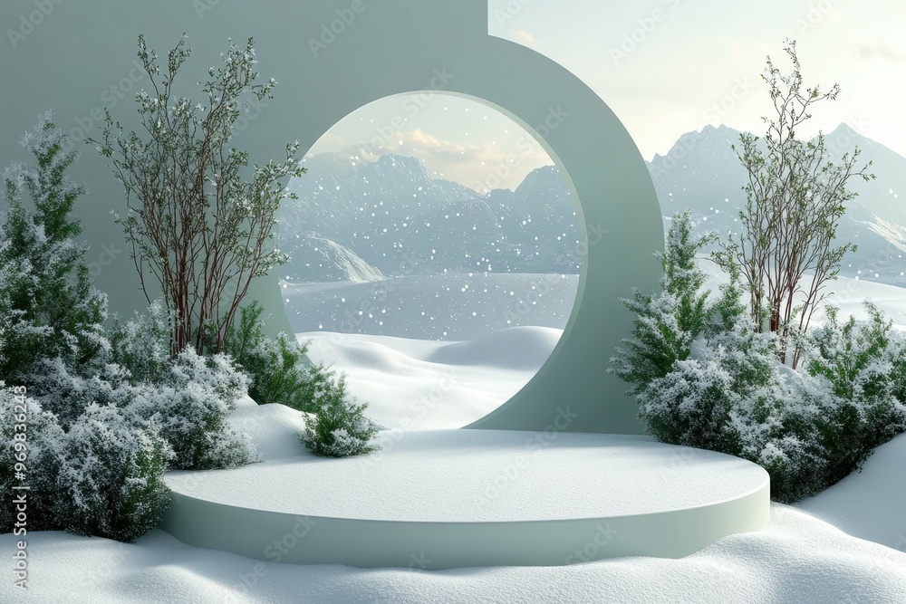 Poster frozen tundra with snowflakes falling in 3d rendered minimalist style with empty circle podium.