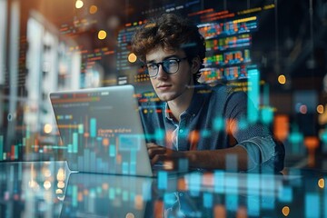 photo of a young businessman working on his laptop, analyzing data-driven marketing strategies to boost revenue and sales for his startup company, all while working from home in a digital