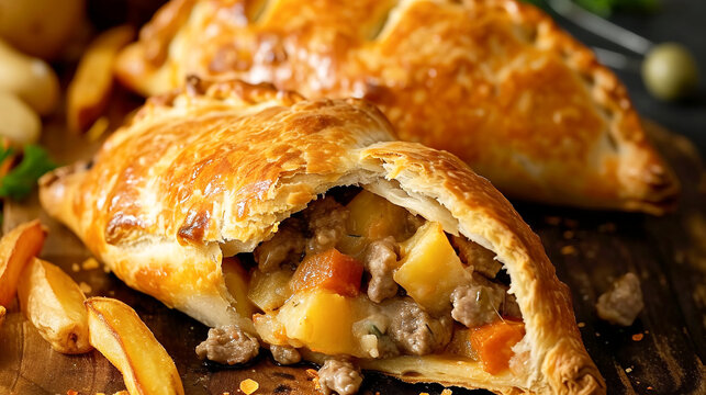 Delicious home baked Cornish pasties with minced meat and vegetables. Traditional specialty of British cuisine