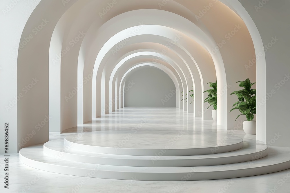 Poster futuristic hallway with smooth curved walls in 3d rendered minimalist style with empty circle podium