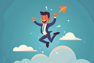 Business professional flying high with joy, celebrating success and upward growth against a blue sky with clouds
