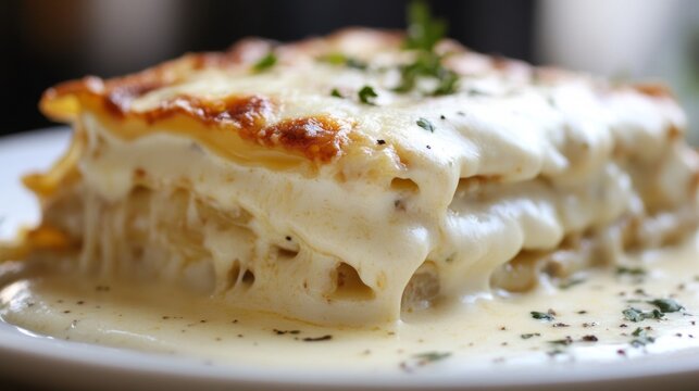 A large white lasagna with a creamy sauce on top