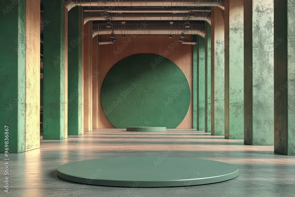 Poster product display ideas. modern empty stage platform with circular backdrop in spacious industrial lof