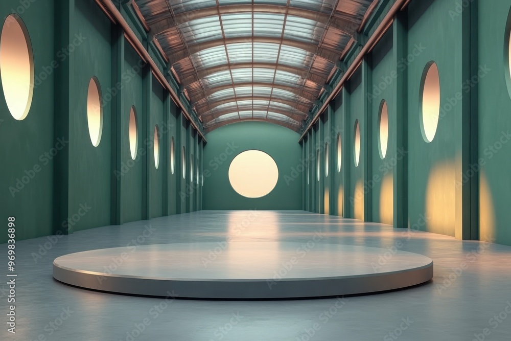 Poster space light display. modern empty round podium in futuristic hall with circular windows and soft lig