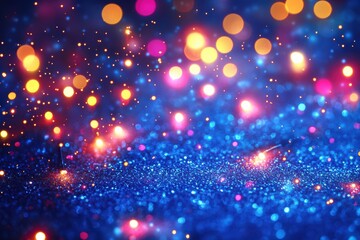Obraz premium holiday banner design, festive merry christmas and happy new year banner design with colorful lights, glittering snowflakes on a blue background, and text space