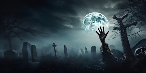 A creepy skeleton hand reaching out from the ground, surrounded by fog and gravestones and a full moon in the background