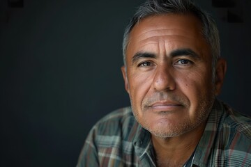 Fototapeta premium Serious Hispanic man with gray hair and plaid shirt sitting against a dark background during daytime