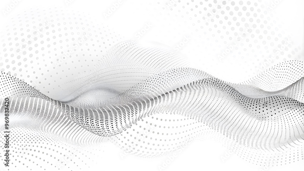 Poster flowing dots particles wave pattern 3d curve halftone black gradient curve shape isolated on white b