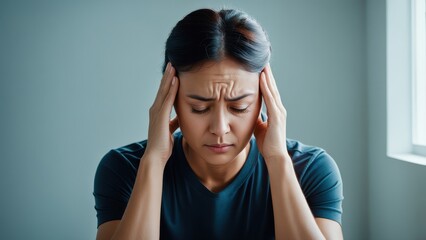 A woman appears stressed, holding her head in a contemplative indoor setting.