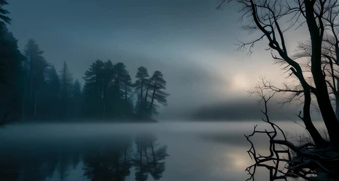 a mist-shrouded lake at dawn or dusk, evoking an eerie and foreboding atmosphere. The foggy mist rises from the surface of the lake, veiling the surrounding landscape in an air of mystery.