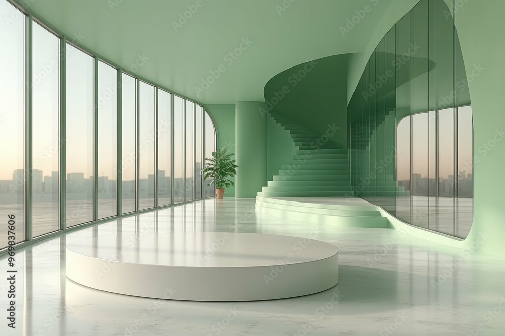 Poster minimalist skyscraper with reflective glass windows in 3d rendered minimalist style with empty circl