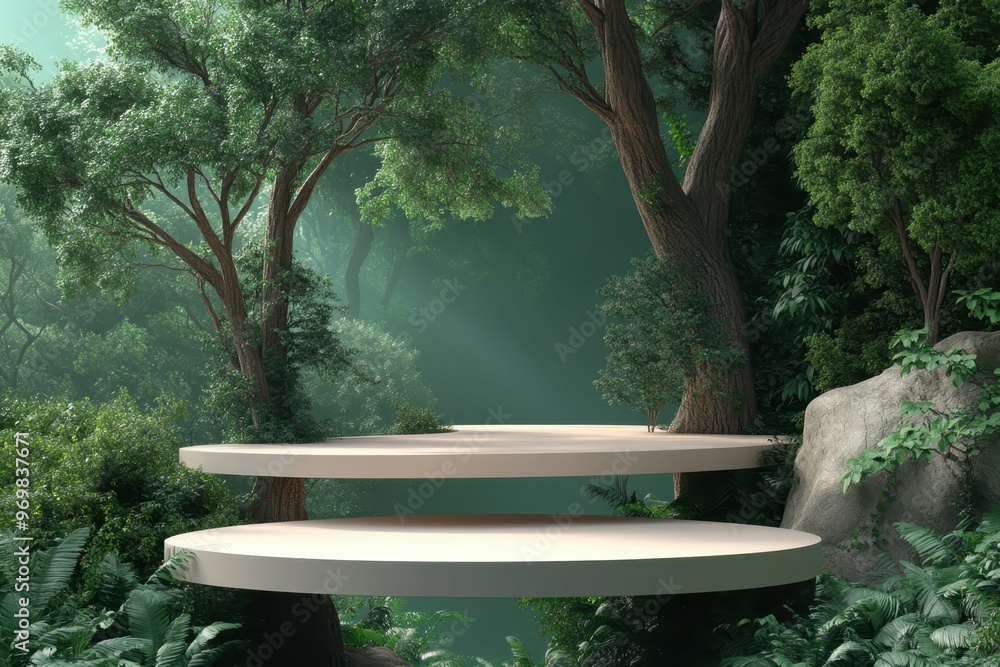 Poster minimalist treehouse in a forest canopy in 3d rendered minimalist style with empty circle podium.