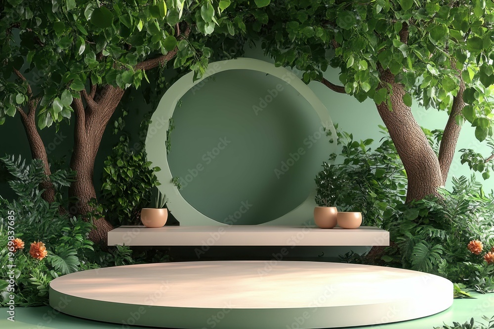 Poster minimalist treehouse in a forest canopy in 3d rendered minimalist style with empty circle podium.
