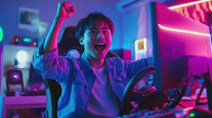 Fototapeta premium An Asian man playing a racing game on a computer, sitting in a gaming chair with a black steering wheel controller, has an excited expression celebrating a victory in a video game competition at home.