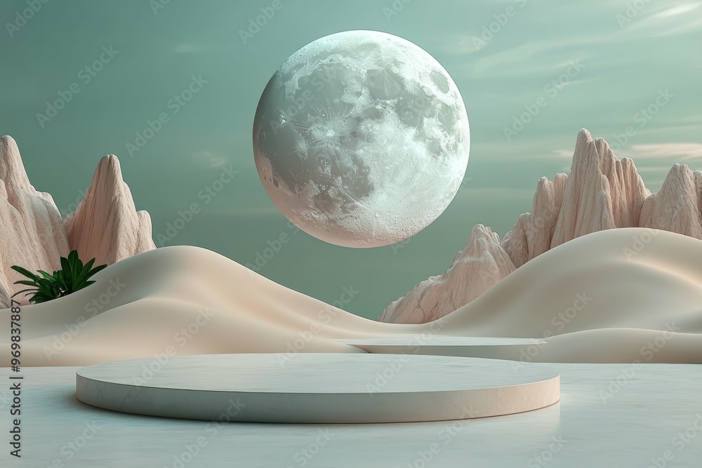 Poster moonlit desert with dunes in 3d rendered minimalist style with empty circle podium.