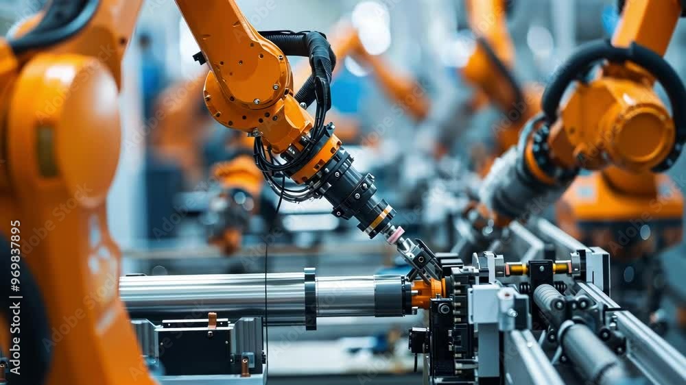 Poster an advanced industrial setting featuring robotic arms working in harmony on a production line, showc
