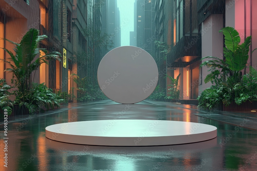 Aufkleber tech display setup. futuristic round stage platform in urban environment with modern buildings and l