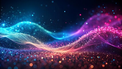 Obraz premium Abstract illustration of pink-blue frequency signal waves as particles passing in medium against a dark background. Abstract colorful audio or sound wave background