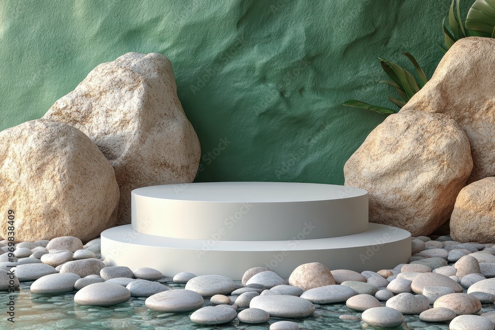 Aufkleber rocky beach with smooth pebbles in 3d rendered minimalist style with empty circle podium.