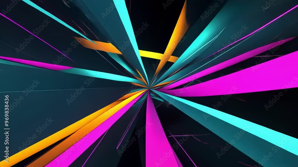 Poster a vibrant, abstract composition of dynamic shapes and colors creating a futuristic, immersive visual