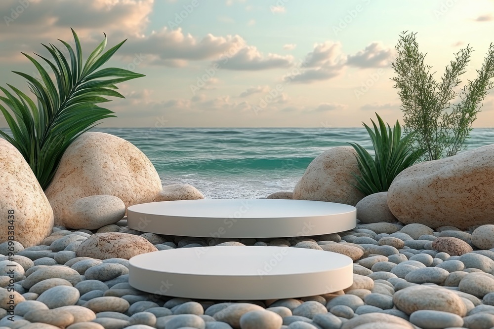 Aufkleber rocky beach with smooth pebbles in 3d rendered minimalist style with empty circle podium.