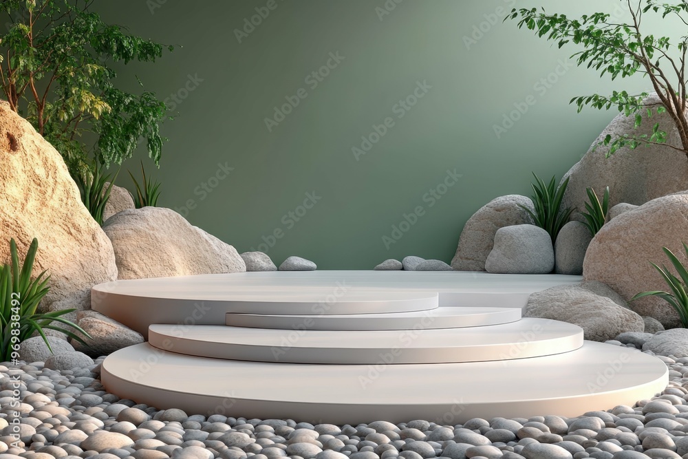 Aufkleber rocky beach with smooth pebbles in 3d rendered minimalist style with empty circle podium.
