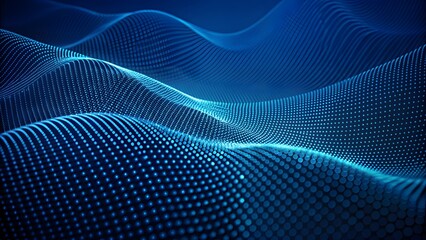  Abstract illustration of pink-blue frequency signal waves as particles passing in medium against a dark background. Abstract colorful audio or sound wave background