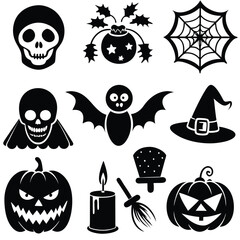 Gothic halloween sticker pack made up of pumpkins, bats, cats, crow, skull, ghosts, graves, spider, web and broom. Different holiday stickers as prints, patterns for graphic or fashion design
