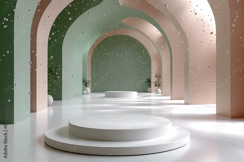 Aufkleber space station interior with floating particles in 3d rendered minimalist style with empty circle pod
