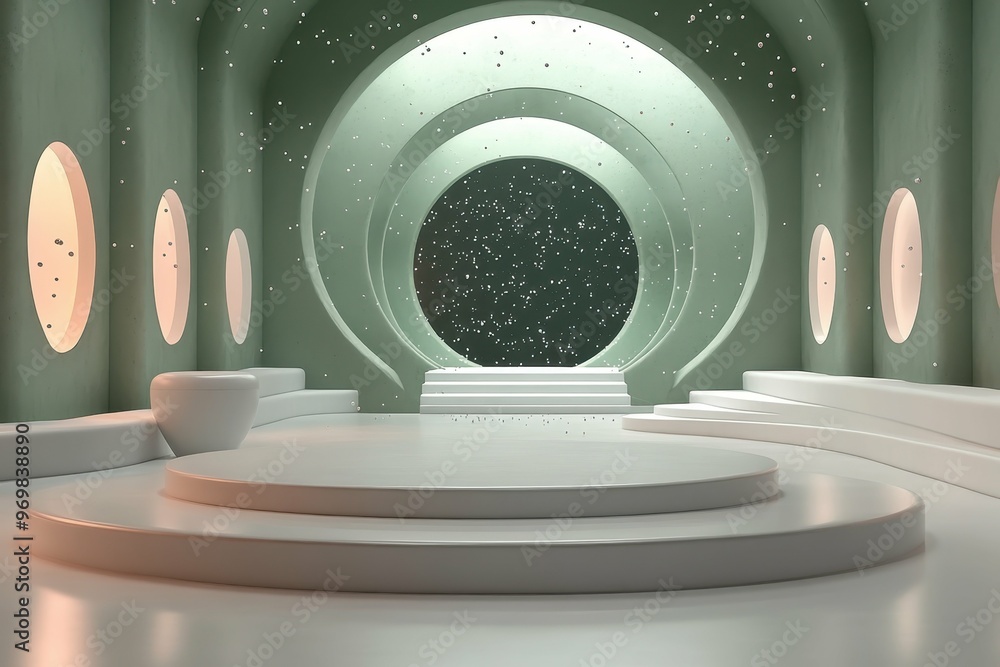 Aufkleber space station interior with floating particles in 3d rendered minimalist style with empty circle pod
