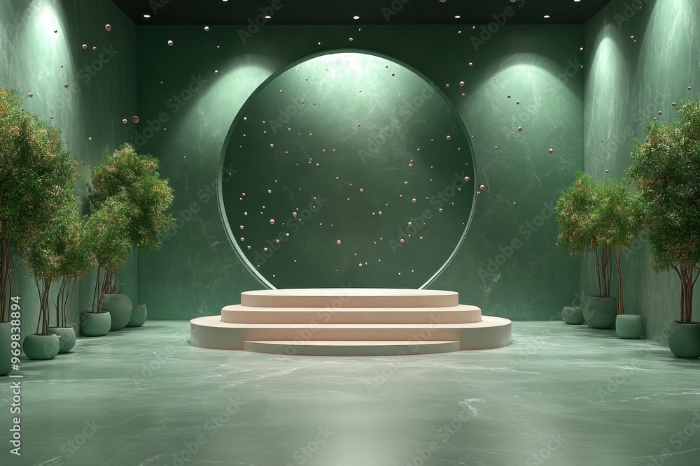 Poster space station interior with floating particles in 3d rendered minimalist style with empty circle pod