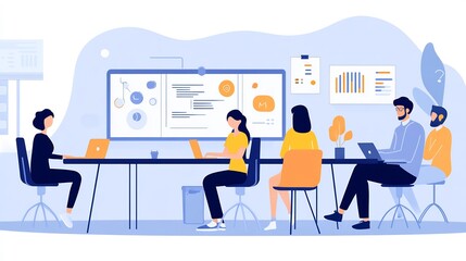 Four colleagues having a meeting in an office, looking at graphs and charts on the wall and using laptops.