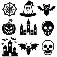 Gothic halloween sticker pack made up of pumpkins, bats, cats, crow, skull, ghosts, graves, spider, web and broom. Different holiday stickers as prints, patterns for graphic or fashion design
