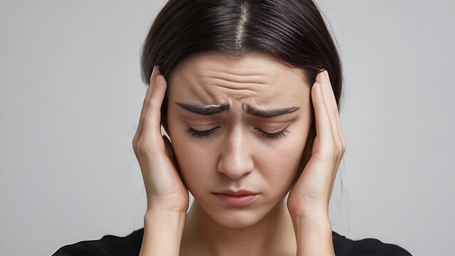 Mujer con expresi&oacute;n de dolor o preocupaci&oacute;n, rostro afligido, migra&ntilde;a, cefalea, estr&eacute;s, 