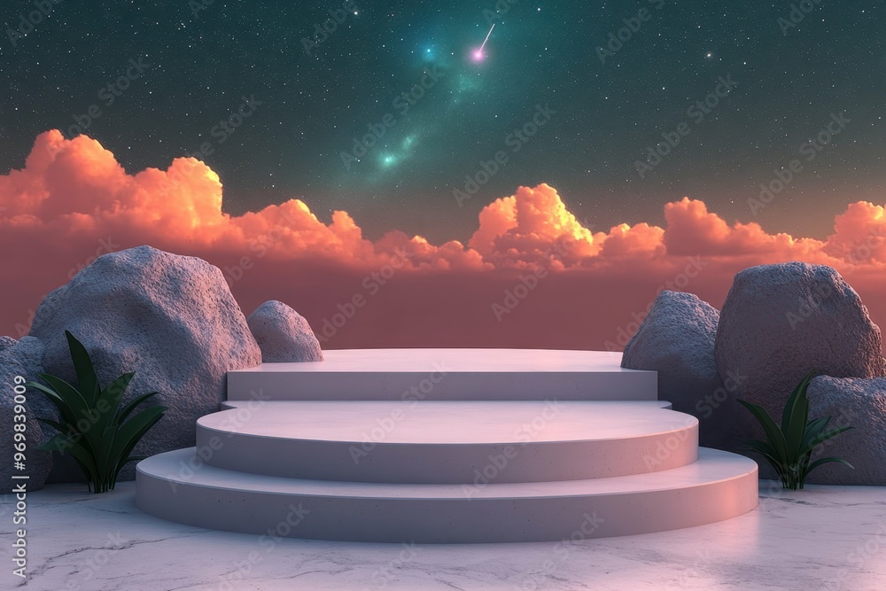 Poster starry night sky with a distant comet in 3d rendered minimalist style with empty circle podium.