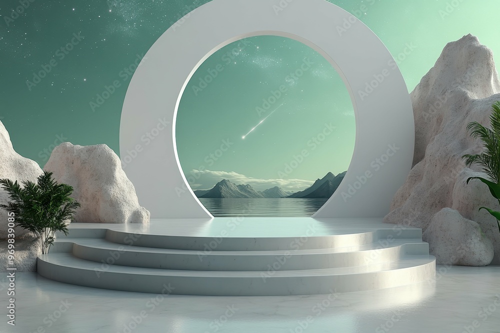Poster starry night sky with a distant comet in 3d rendered minimalist style with empty circle podium.