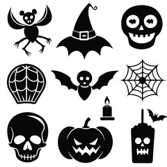 Gothic halloween sticker pack made up of pumpkins, bats, cats, crow, skull, ghosts, graves, spider, web and broom. Different holiday stickers as prints, patterns for graphic or fashion design