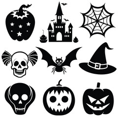 Gothic halloween sticker pack made up of pumpkins, bats, cats, crow, skull, ghosts, graves, spider, web and broom. Different holiday stickers as prints, patterns for graphic or fashion design