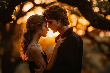 Sunset Glow: A Dreamy and Romantic Portrait in Golden Hour Light, couple, sunset, love, warm, glowing, embrace, intimacy, happiness, peaceful, magical, joy, connection, silhouettes, beauty